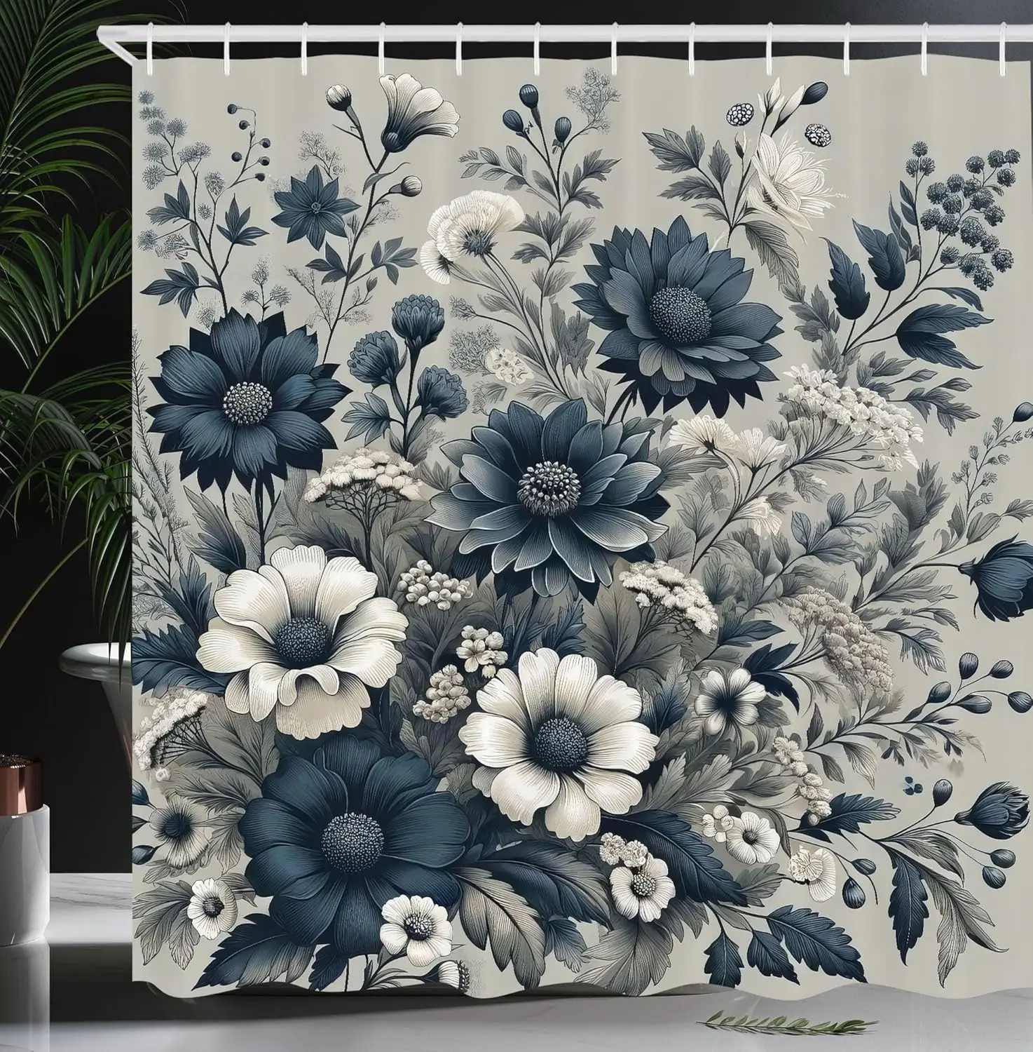 

Floral Shower Curtain Blue and White Flowers Botanical Garden Design Elegant Bouquet Pattern Vintage Style Bathroom Decor Bath