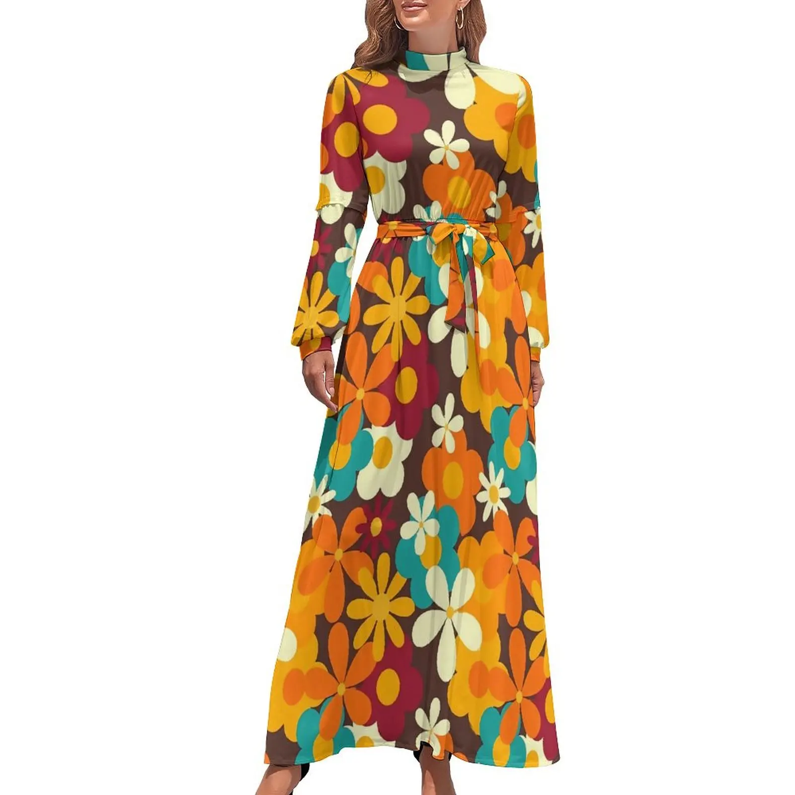 

Retro Flower Power Dress 70s Classic Floral Party Maxi Dress Casual Bohemia Long Dresses High Neck Custom Vestido