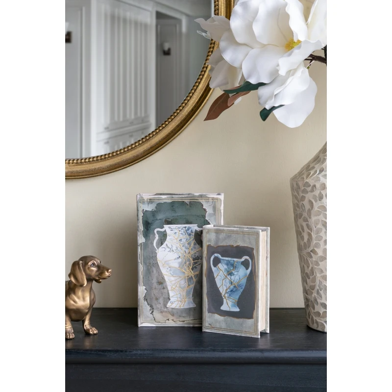

Set of 2 Decorative Book Boxes with Blue and Gold Vase Motifs, L:7x3x10.5 S:5x2x8.3