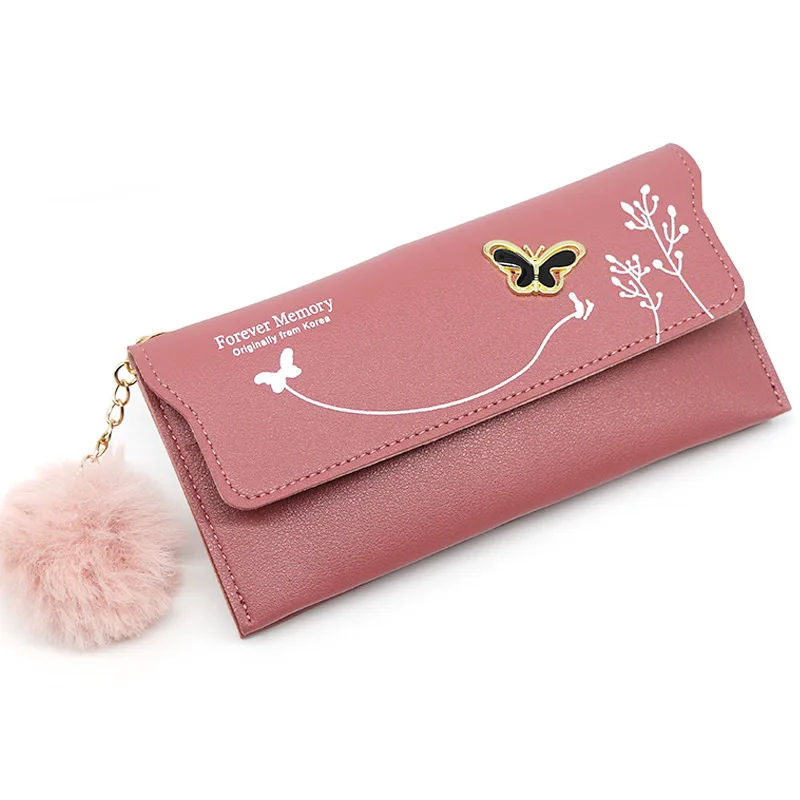 Women\'s PU Leather Long Wallets Luxury Brand Female Card Holder Wallet with Coin Purse Ladies Wool Ball Butterfly Clutch Bag