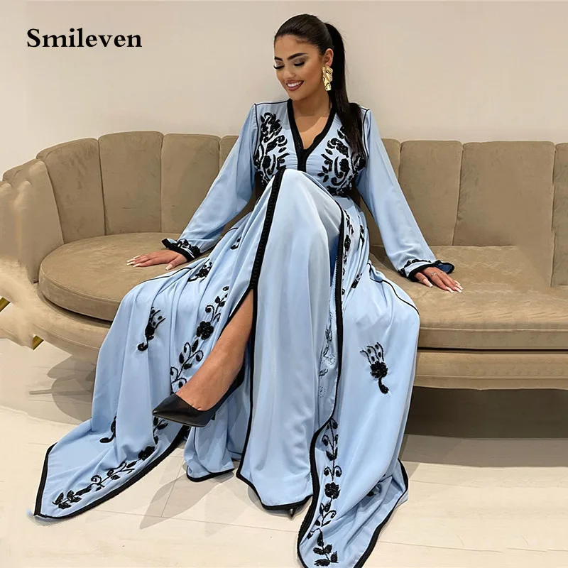 Smileven Sky Blue V Neck Moroccan caftan Evening Dresse Long Sleevees Lace Special Occasion Dress Lace Party Gown