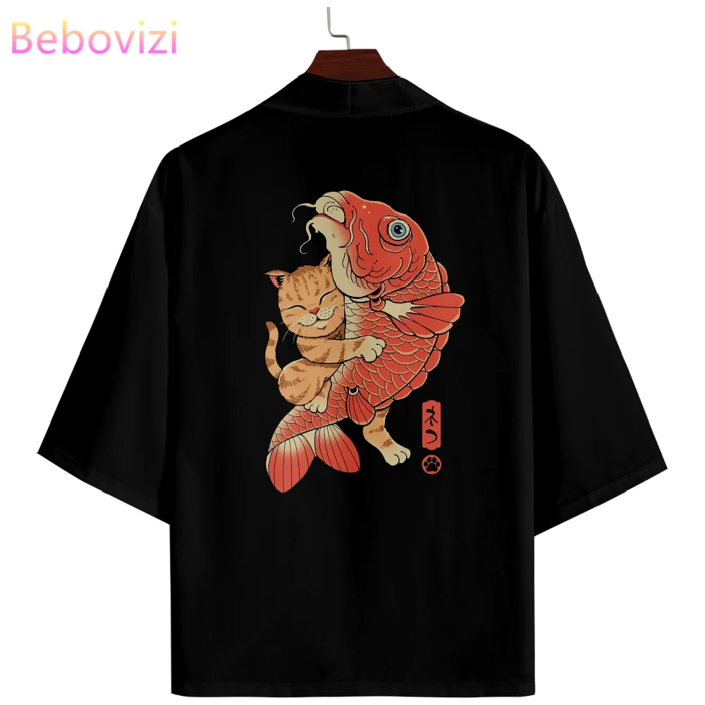 

Funny Cat Scratching Fish Print Cardigan Kimono 2024 Fashion Traditional Japanese Men Women Haori Shirt Streetwear Cosplay Tops