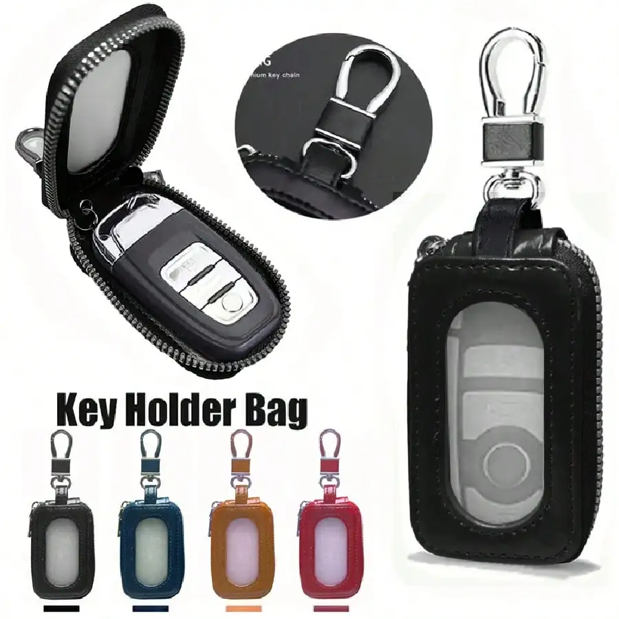 

Кожаный чехол для автомобильных ключей на молнии с прозрачным окном и металлическим зажимом