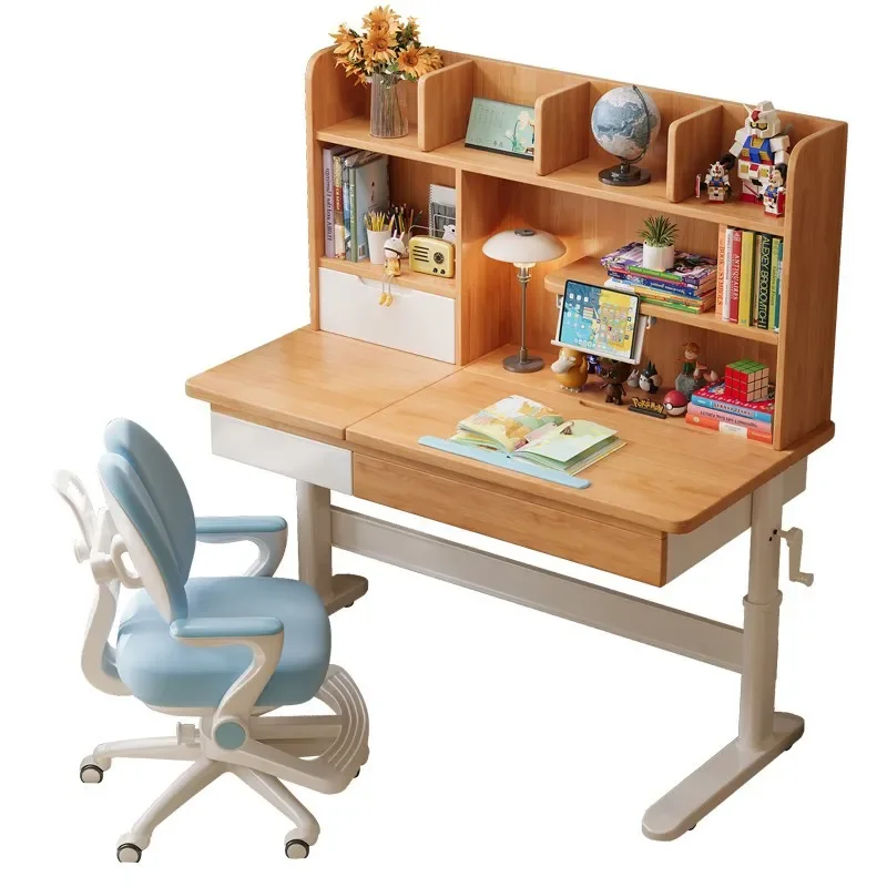 Solid Wood Kids Study Desk with Bookshelf Hand Crank Height Adjustable Writing Table for Student Bedroom Home Office Use