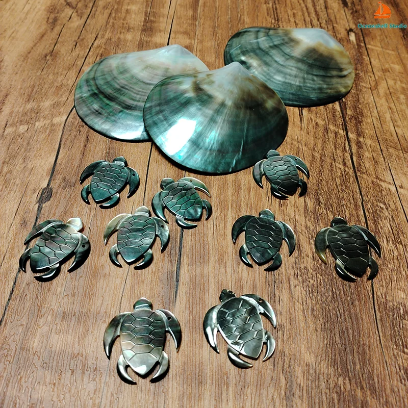 2 PC Black Mother of Pearl Shell Pendant Tortoise Shape Pack-for Crafts Mop Charm Bead, Jewelry Making, Inlay, DIY Project