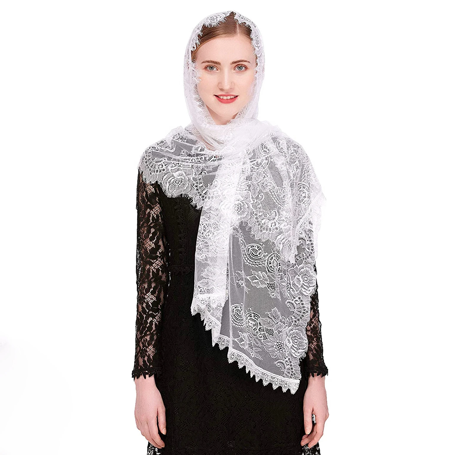 Black Ivory Women's Lace Catholic Veil Mantillas for Church Head Covering Mass vela negra Voile eyelash Lace Edge Shawl Scarf