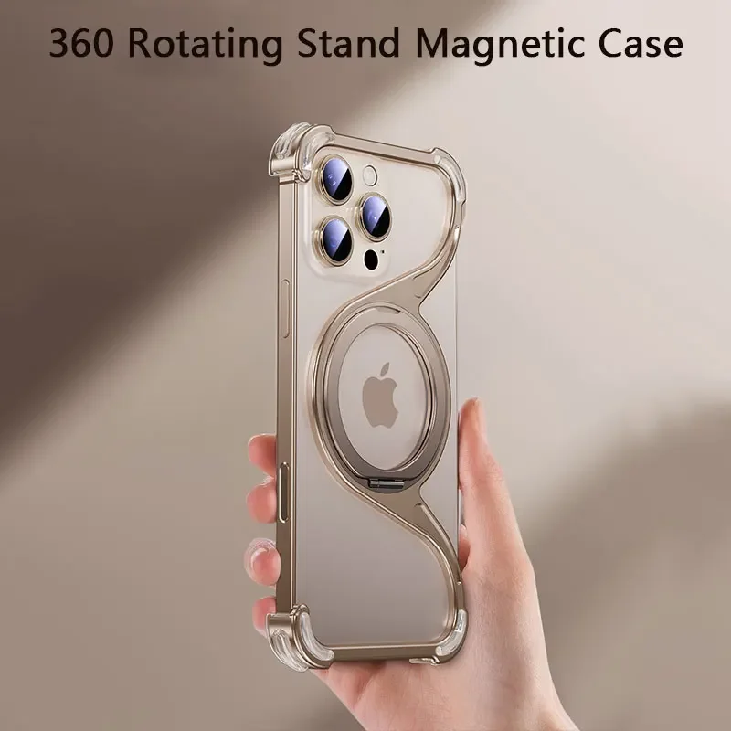 

Magnetic Metal Phone Case For Iphone 13 14 15 16 Pro Max Stand W Shape Phone Cover Aluminum Alloy Holder Frameless Cooling Shell