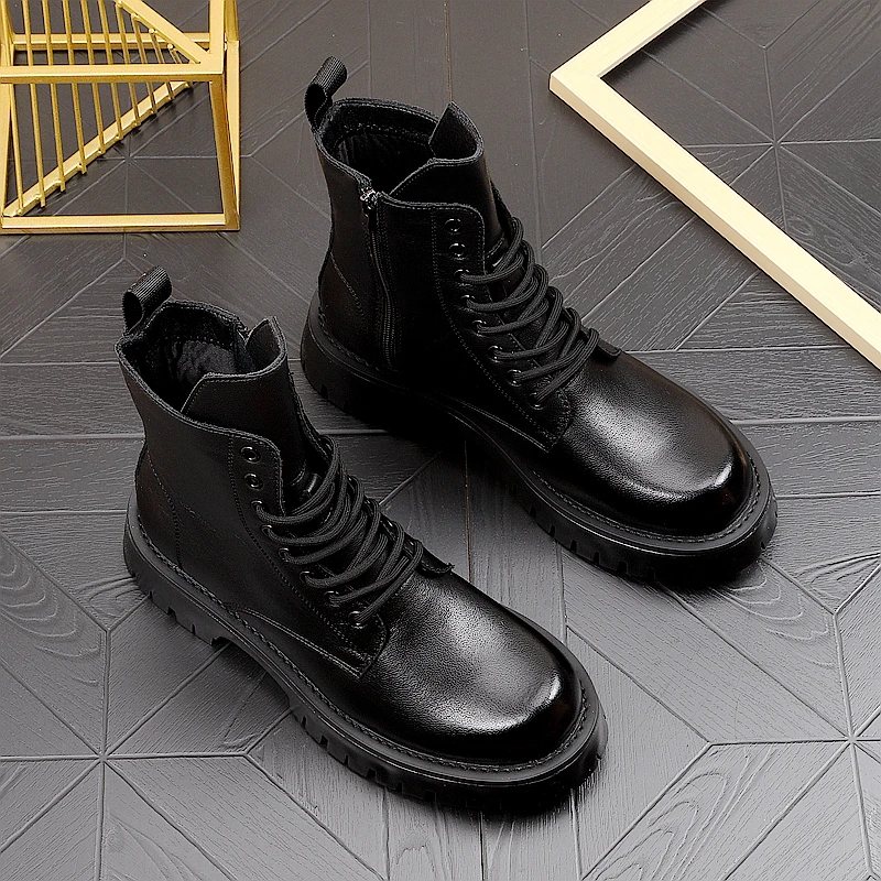 British style mens leisure genuine leather boots black trend high top shoes cowboy platform boot brand designer long botas male