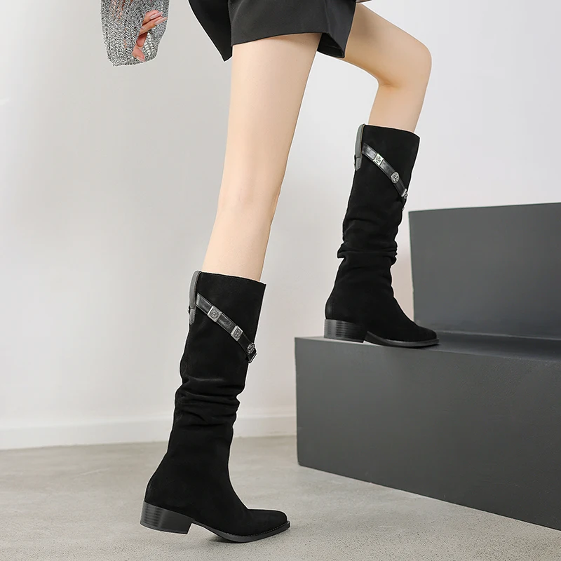 Autumn Women Boots Solid Cow Suede Pleated Boots Winter Women Shoes Elegant Long Knee-high Boots Genuine Leather Chelsea image 4