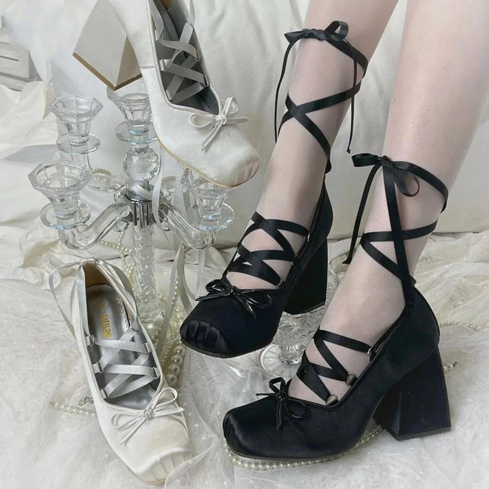 Chunky Heels Lolita Pumps Shoes Hot Brand 2023 Spring Summer French Style Elegance Women Pumps Lace Up Ballet Style Single Shoes images - 6