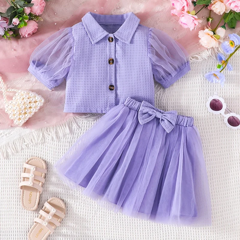 Clothing Set For Kid Girl 4-7 Years old Lace Sleeve Button Blouse Purple Tulle Skirt Summer Outfit For Baby Girl