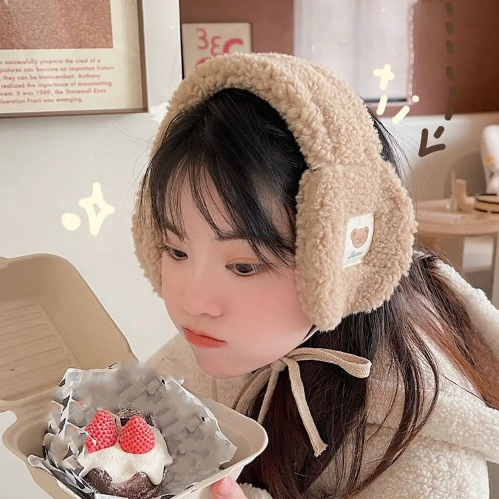 Cute Bear Tie Plush Earmuffs Windproof Foldable Plush Ear Cover Cold Protection Outdoor Riding Soft Plush Earflap Winter