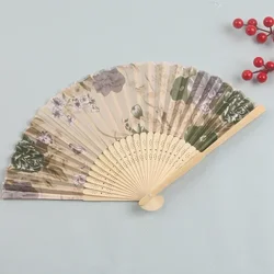 Chinese Vintage Cloth Fans Flower Patterns Wooden Handle Folding Fan Classical Dance Party Performance Tool Gift Decorations