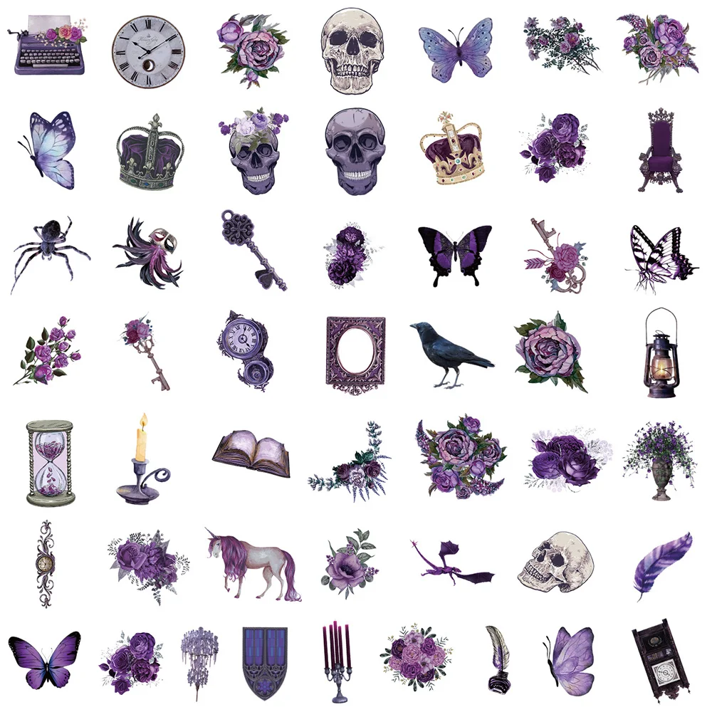 50pcs Retro Gothic Violet Stickers For Phone Stationery Laptop Scrapbook Craft Supplies Scrapbooking Materiales Flower Sticker