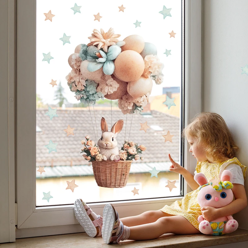 Baby Nursery Hot Air Balloon - ملصقات زجاجية كهروستاتيكية بتصميم أرنب كرتوني
