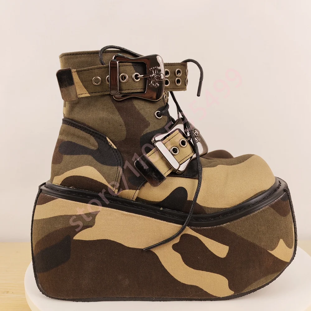Tank Belt Buckle Camouflage Short Boots 2025 New Round Street Style Lace-Up Wedge Heel Boots Fashion Party Casual Stage Boots image 3