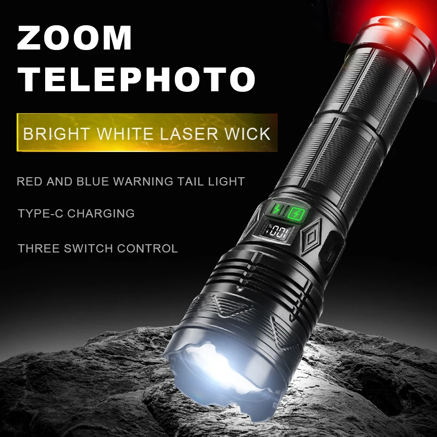 Rechargeable LED Flashlight Digital Display Tactical Flashlight Multifunctional Emergency Light Outdoor Camping Lighting Torch