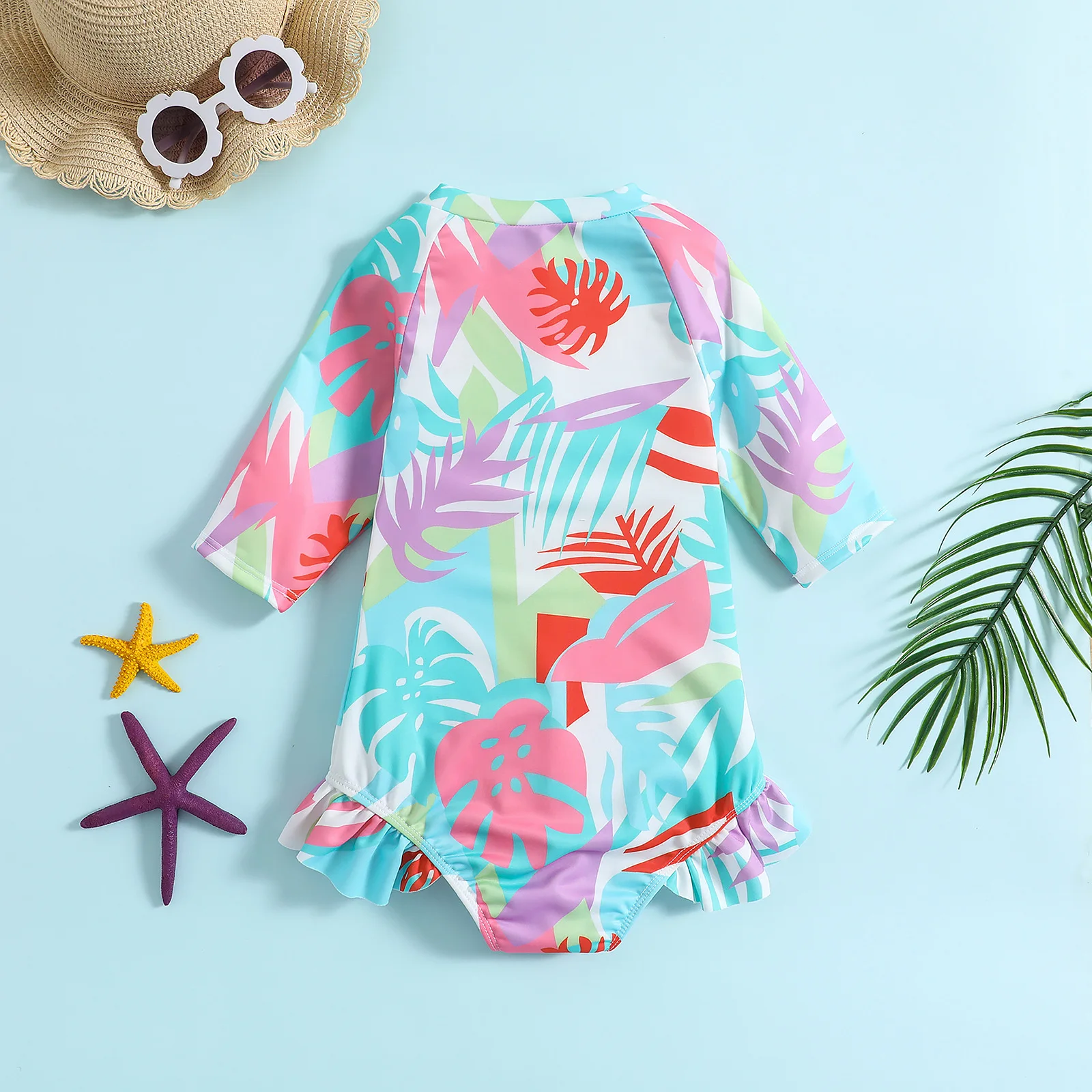 Baby one piece swimsuit with full print tropical leaf pattern,mid sleeve front zipper ruffle,suitable for seaside and pool play