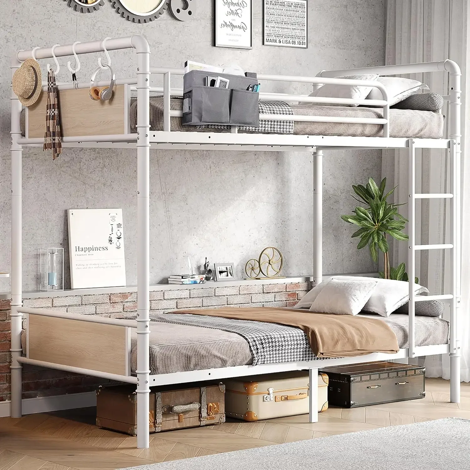 Metal Bunk Bed Twin Over Twin, Industrial Bunkbeds Heavy Duty Bed with Safety Guard Rails and Space-Saving Design, Steel Bed for