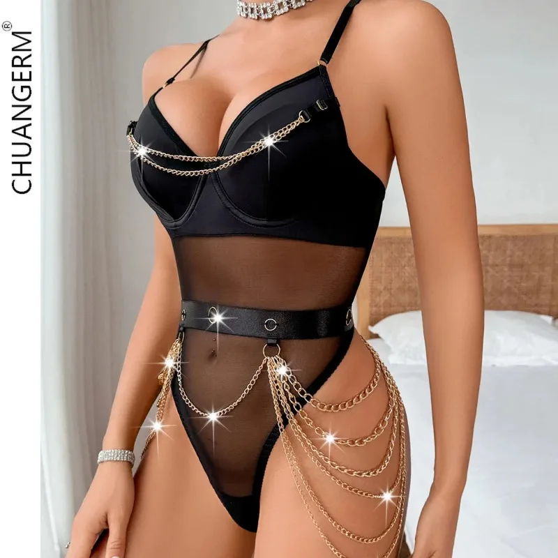 CHUNAGERM-Lencería Sexy con decoración de cadena, traje erótico Onlyfan, ropa interior femenina, conjunto de dos piezas, conjuntos de sujetador y bragas empalmados de malla