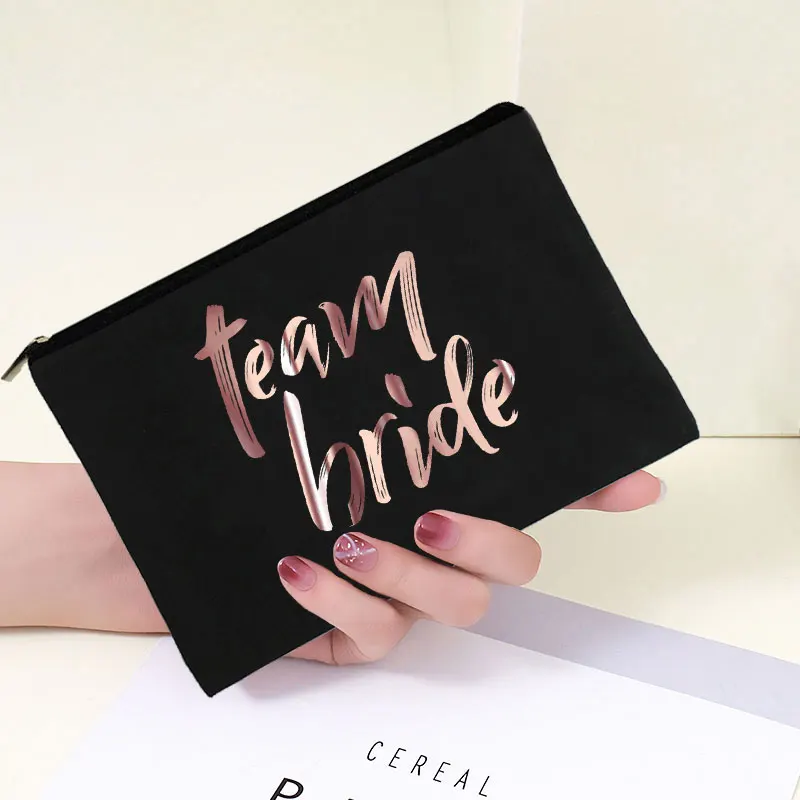 Bolsa de maquillaje con estampado de Team Bride para mujer, bolsa de maquillaje con bolsillo para dama de honor, lápiz labial, bolsa de pincel de maquillaje de gran capacidad, bolsa de lavado de acabado para boda