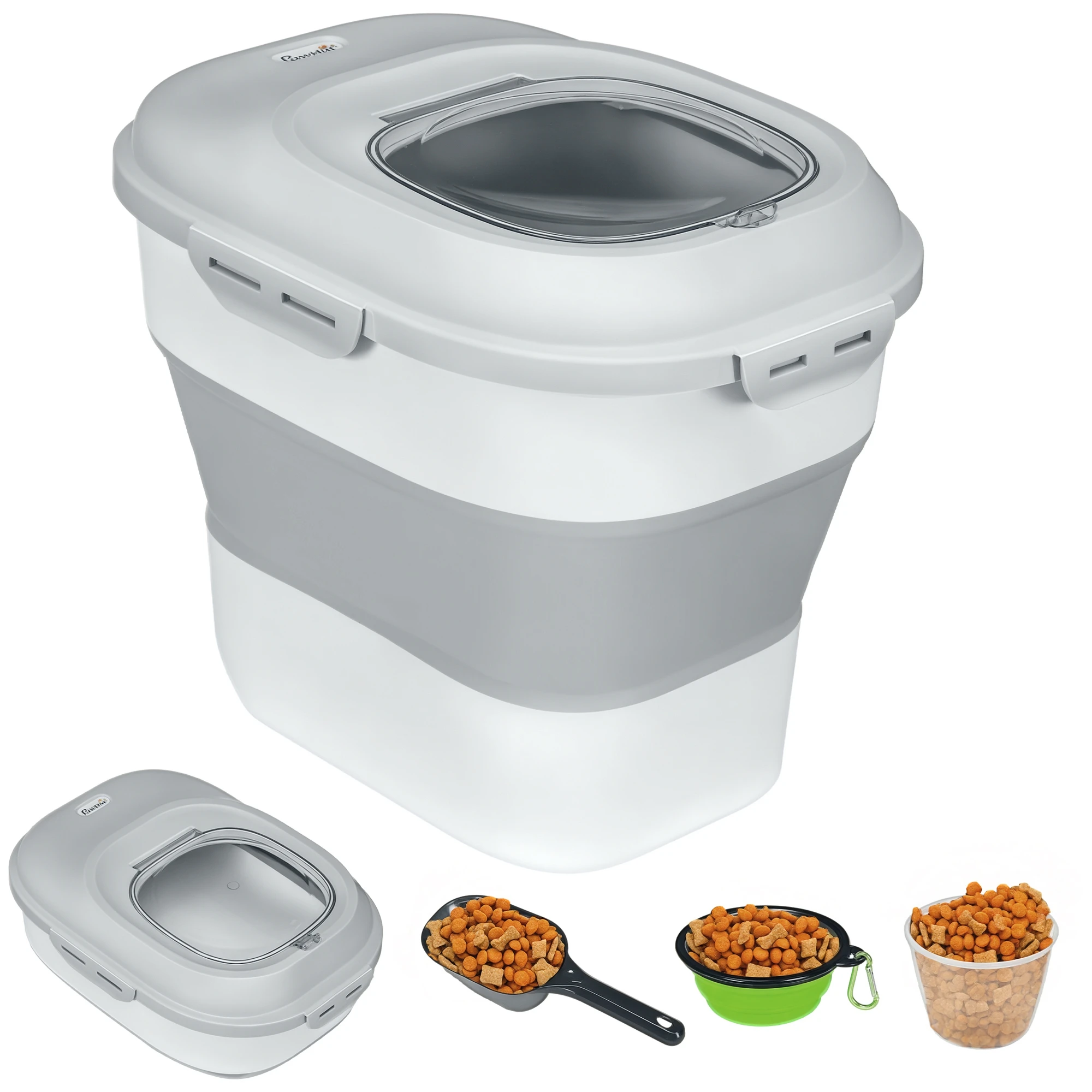 Pawhut 25L hondenvoercontainer met wielen, maatbeker, opvouwbare kom en lepel, grijs