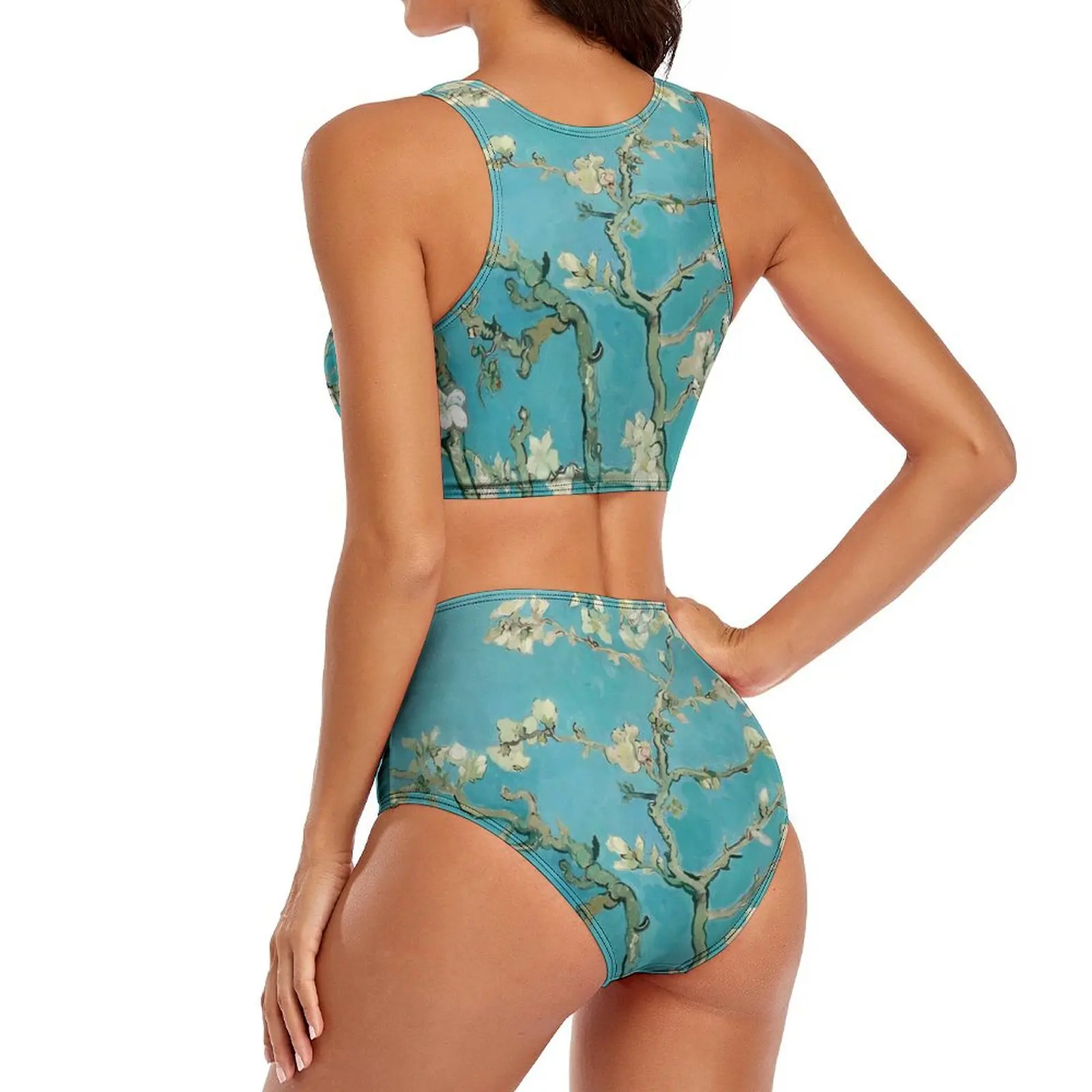 Van Gogh pintura a óleo biquíni definido para mulheres, flores de amêndoa maiô, cintura alta swimwear, sexy nadar biquínis