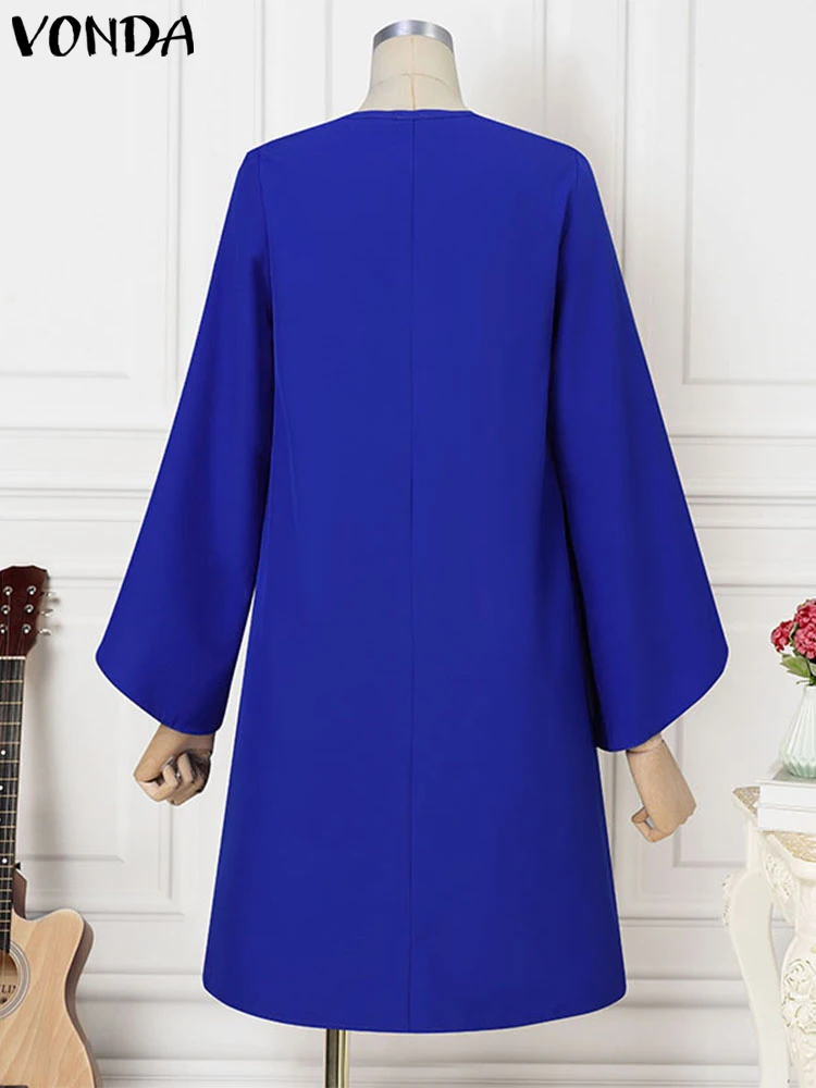 Plus Size VONDA Women Elegant Mini Dress Long Cape Sleeve Casual Short Vestido 2024 Autumn O-Neck Solid Color Party Evening Robe