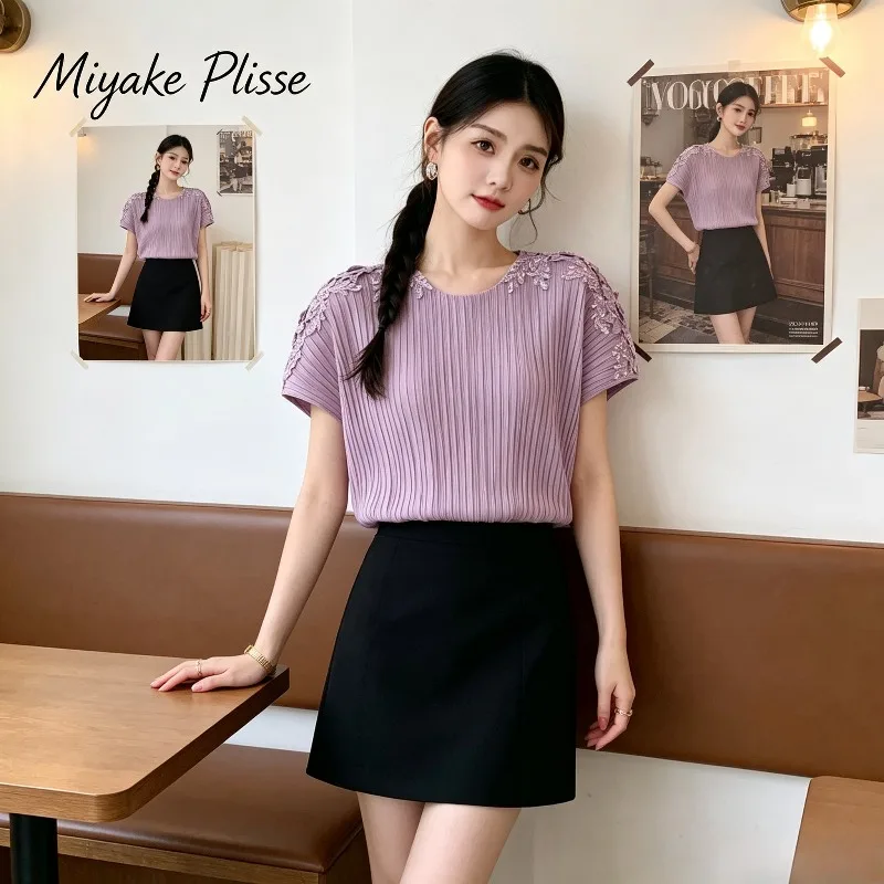 Miyake Pleated Original 2026 Summer New Fashion Solid Color Beaded Top High-end Pleated Versatile Casual Simple T-shirt Pleat