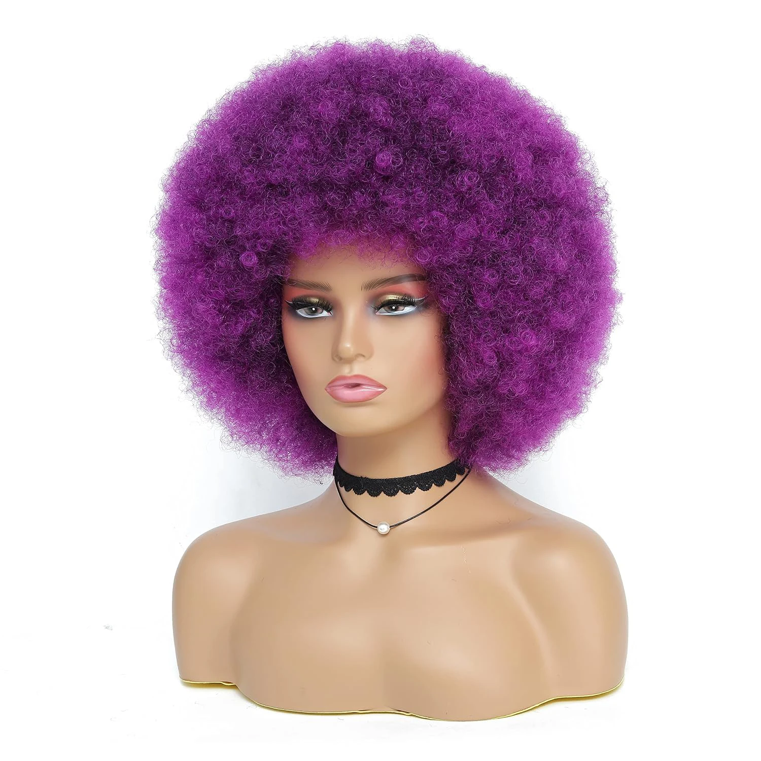 Kinky Curly Wig For Women, Purple, Synthetic Fibers, Soft, Bouncy, Natural Looking, With Bangs worldcup