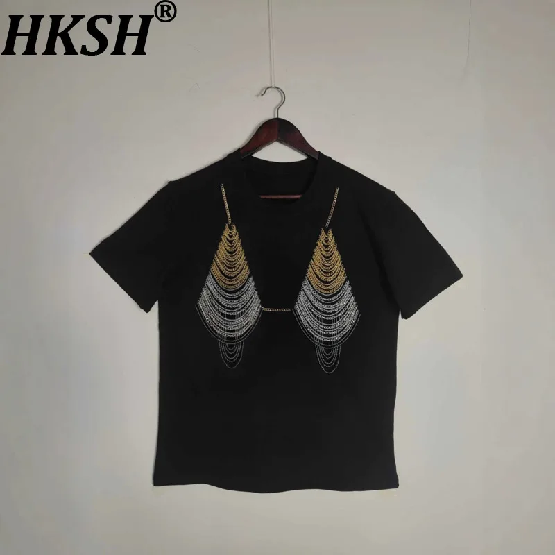 HKSH Women Short Sleeve T-shirt Chic Street Style Trendy Chains Spliced Design O-Neck Casual Versatile Loose Stylish Top HK27497