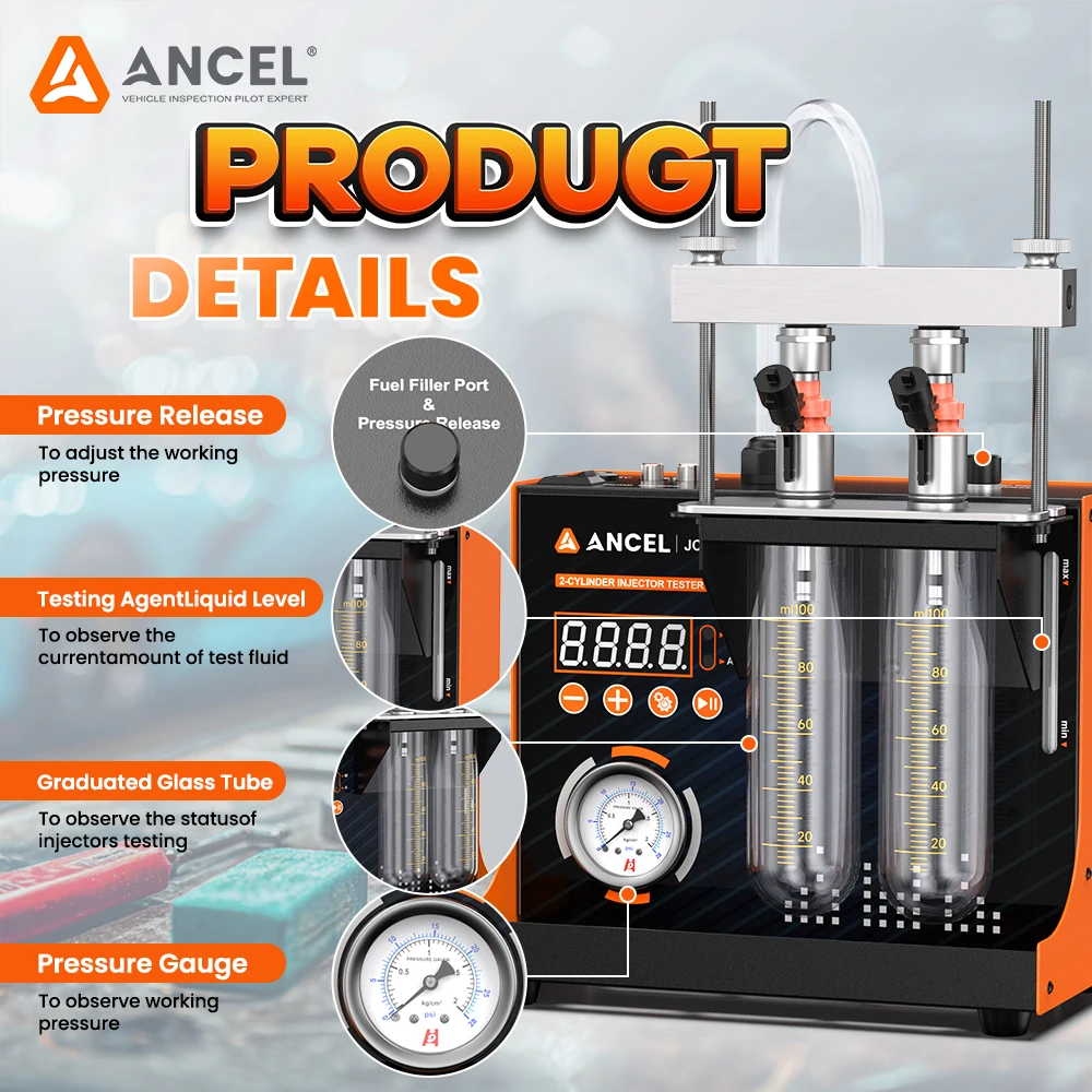 Dual Channel Injector Cleaner Machine with Air Pump ANCEL JC200 For 12V Lightweight Car Motocycle lnjector Cleaning Tools