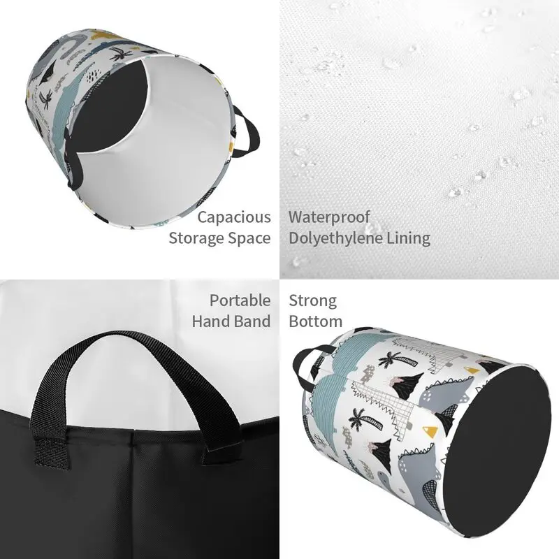 Cartoon Dinosaurs Round Laundry Basket Large Capacity Cloth Laundry Hamper Oxford Toys Storage Organizer for Home Dorm Decor