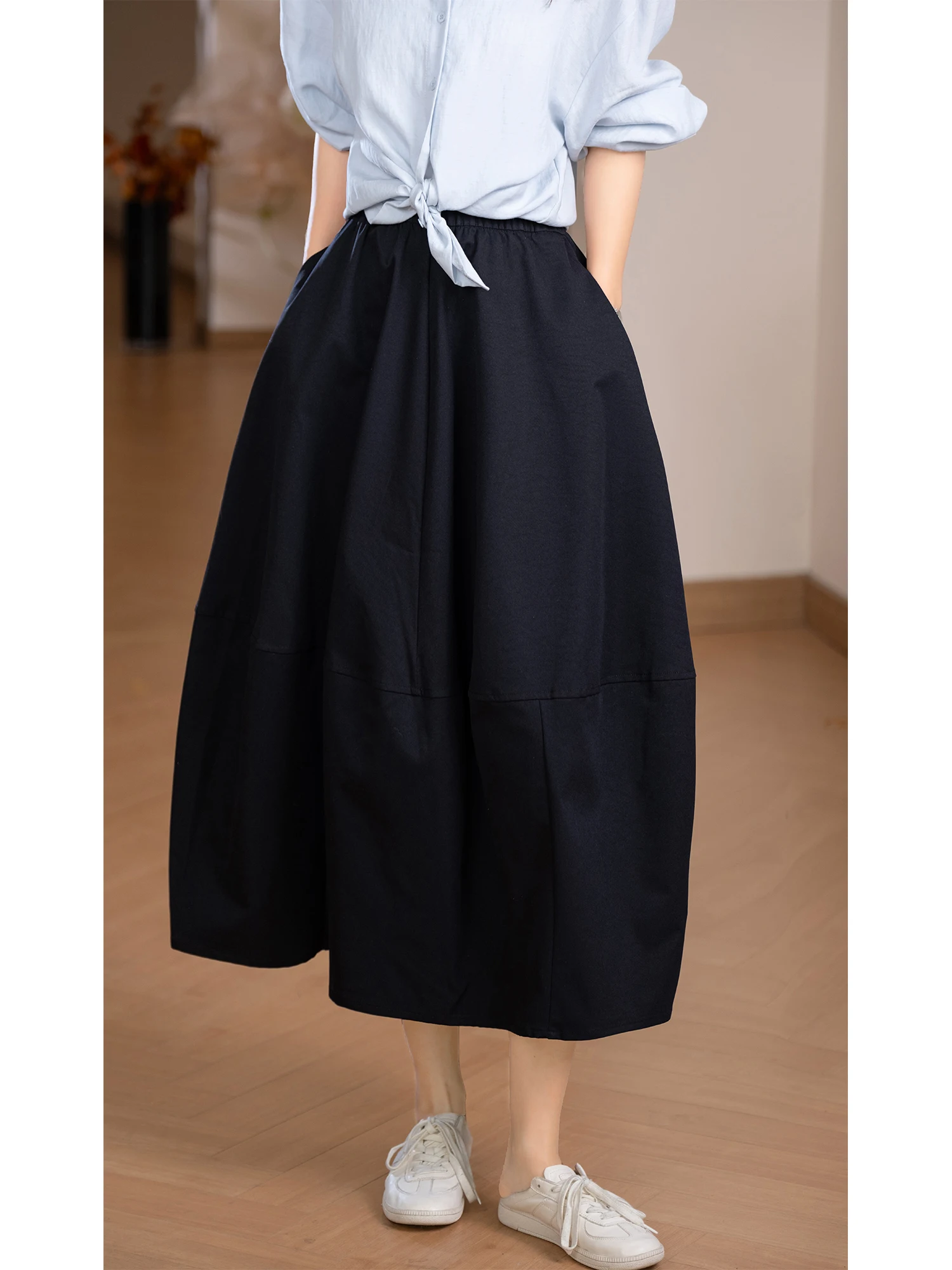 Titanium Cotton Puffy Skirt Women's mid Waist Multi-Line Partition Breathable Loose Fit Style Daily Wear Flower Bud Skirt