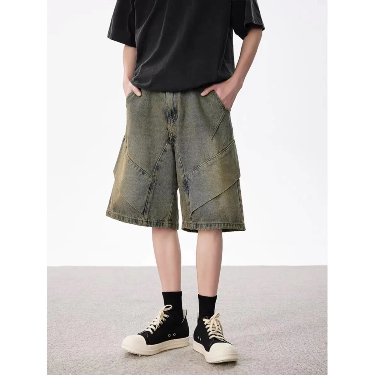 

American Style Vintage Washed Semi-Elastic Denim For Men, Deconstructed Design, Yellow Mud Dyed Loose Fit Versatile