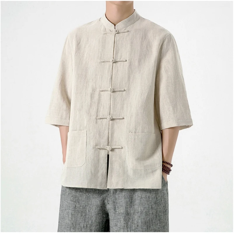

Льняная рубашка, костюм Тан в китайском стиле, хлопок и лен, мужская рубашка с рукавом три четверти, летний винтажный топ с воротником-стойкой