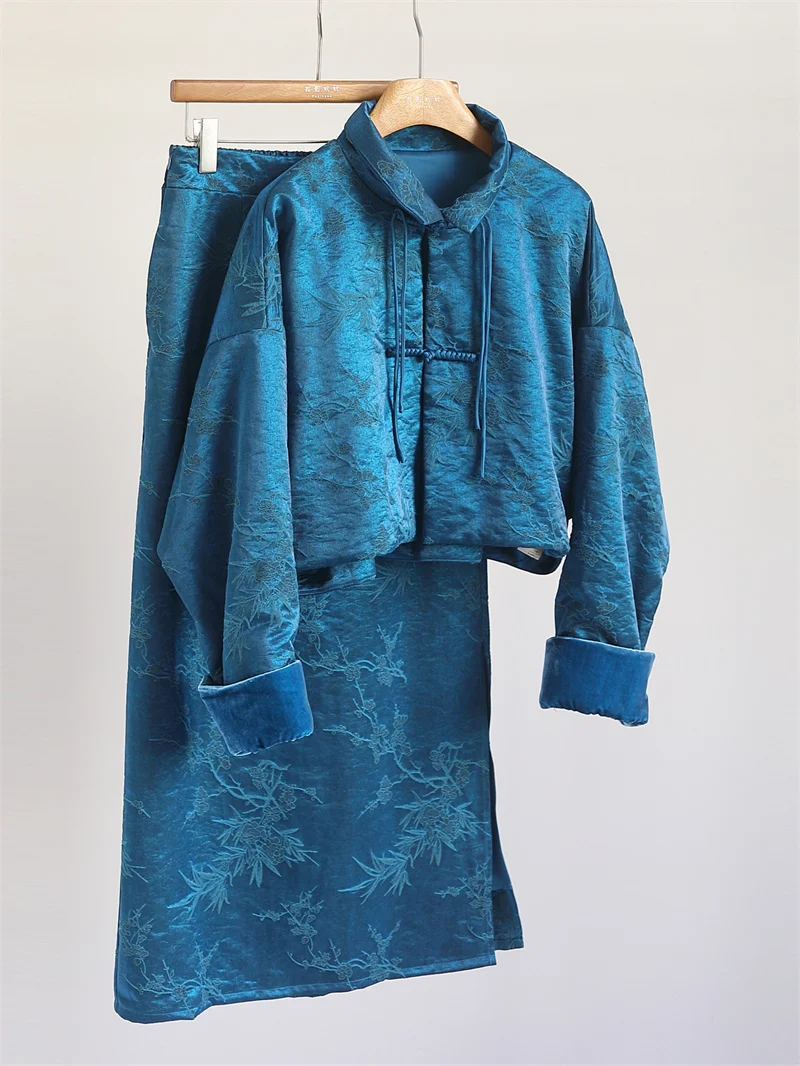 

Шикарный китайский комплект, женский плащ с воротником-стойкой, хлопковый наполнитель, юбка с высокой талией и разрезом, модный ансамбль