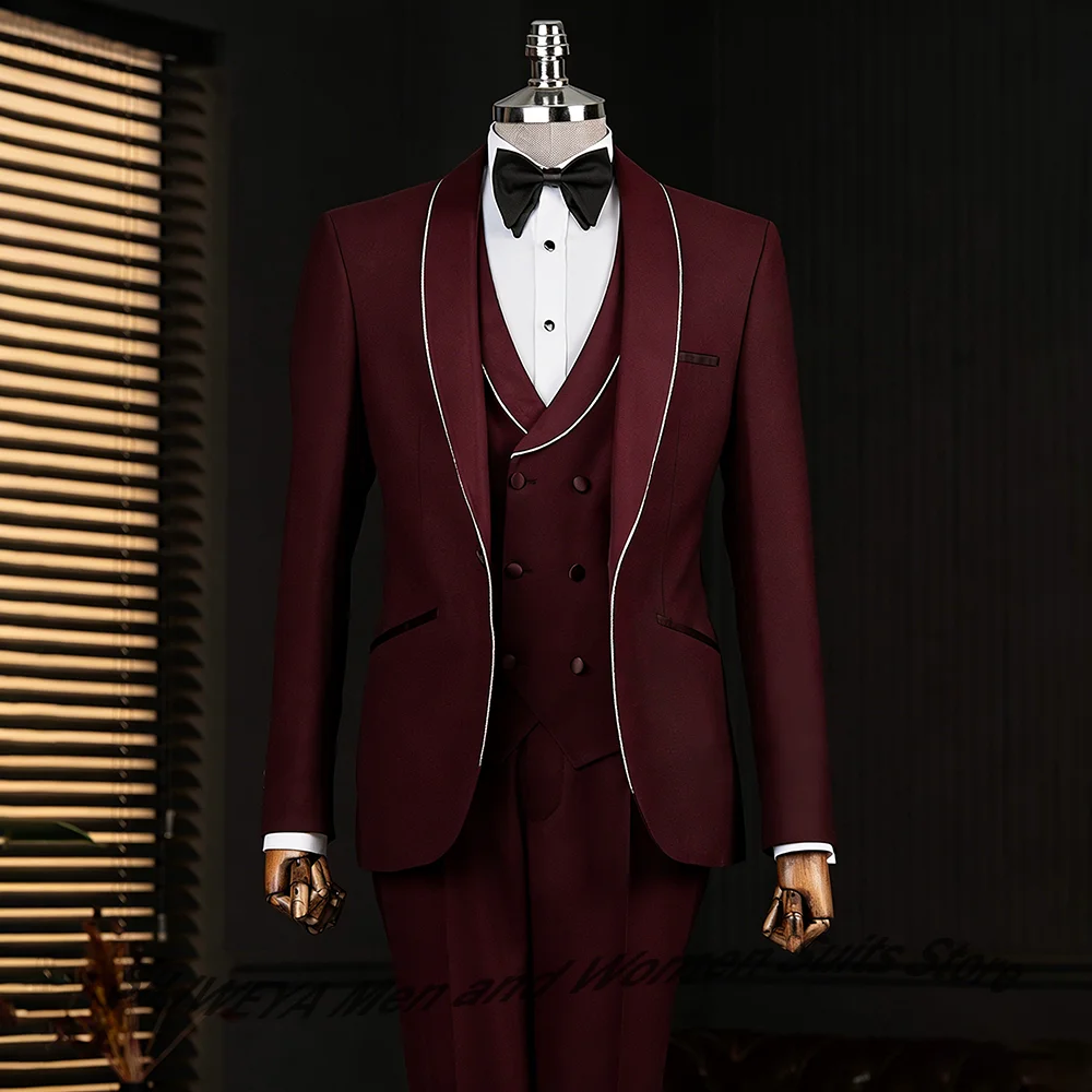 

3 Pieces Jacket+Vest+Pants Burgundy Suits for Man Slim Fit Single Breasted Shawl Lapel Wedding Groom Tuxedos Prom Costume Homme