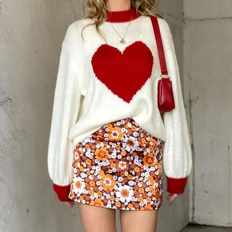 

Sweet Love Heart Loose Knitted Sweater Women Turtleneck Long Sleeve Casual Commute Pullovers Preppy Style Cute Girl Streetwear