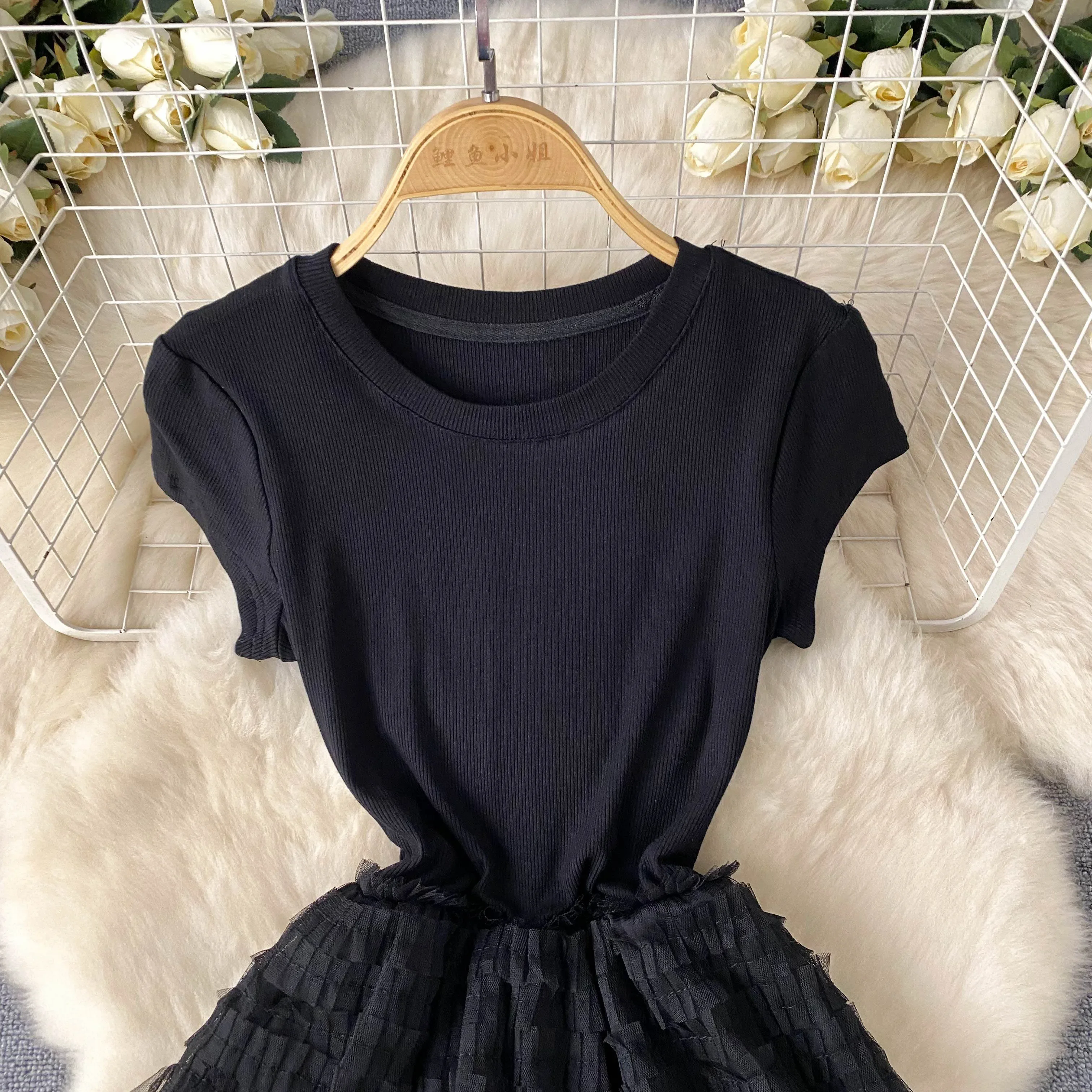 Layered Pleated Dress Women Summer Mesh Patchwork High Waist Short Sleeve Round Neck Long Tulle Dress Fairy Elegant Pink Black