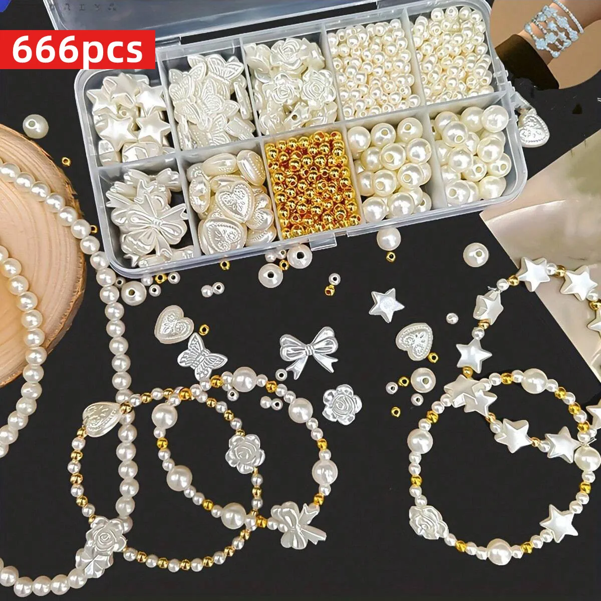 666-teiliges Set aus Pentagramm-Pfirsichherzen gemischt mit polierten Acrylperlen, elegant und geeignet zur Herstellung von Armbändern.