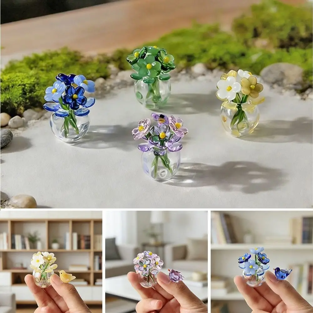 Mini Glass Flower Decor Colored Glaze Simulation Floral Handcrafted Floral Sculpture Glass Flower Bouquet Home Room Decoration