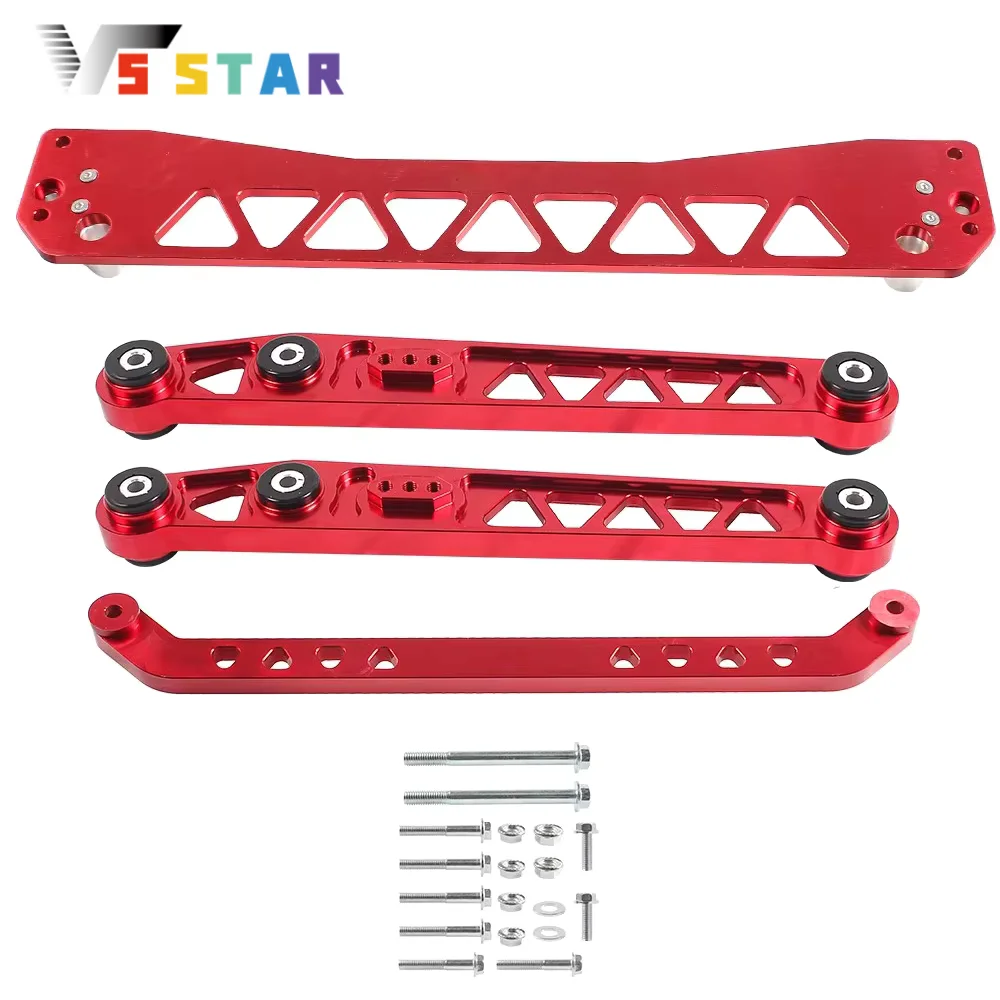 Durable Rear Lower Control Arms LCA with Rear Lower Tie Bar with Rear Subframe Brace For 1996-2000 Honda Civic EK Red Sliver