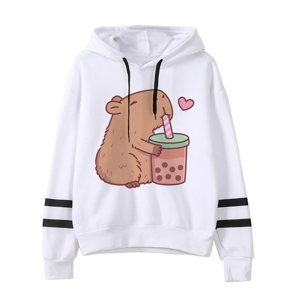 Sudadera con capucha con estampado de Capybara Drinks Boba, sudaderas con capucha con gráficos de dibujos animados divertidos, moda japonesa, camisetas informales de manga larga con capucha para mujer, jerséis