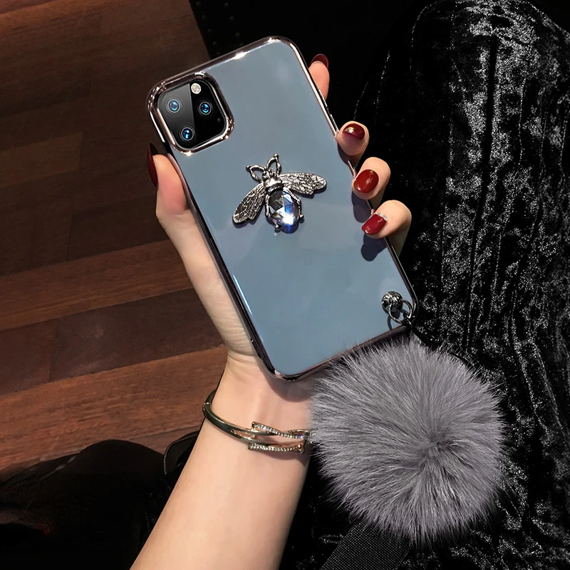 Luxury Glitter Diamond bee Furball Lanyard Electroplated Phone Case For iPhone 14 13 12 11 Pro Max X Xr Xs 7 8 Plus SE2020 Cover