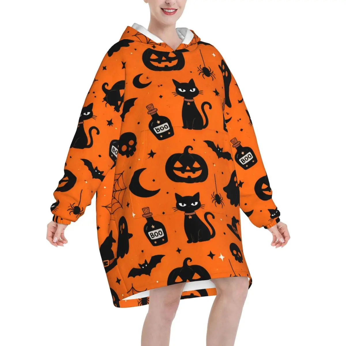 Halloween Ghost Pumpkin Spooky Trick Or Treat Witch Blanket Hoodie Wearable Blanket Oversize Soft Cozy Onesie
