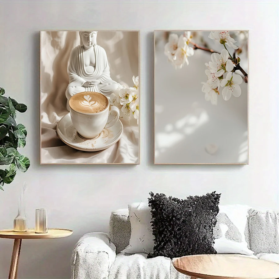 2PC Serene Buddha Statue With Latte Coffee And Spring Flowers Zen Concept Posters, Print Painting, Wall arts Decor, Modern Art,