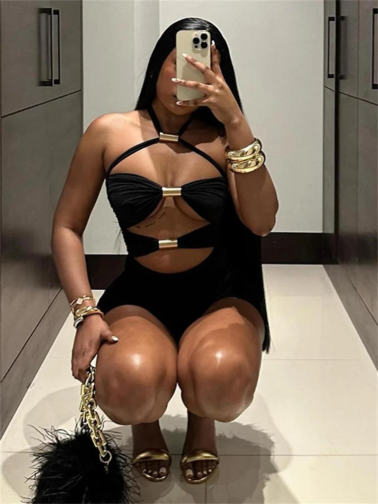 

Insglas Chic Hollow Metal Buckle Romper Women Ruched Halter Backless Sleeveless Stretch Luxury Slim Hipster Clubwear Playsuits