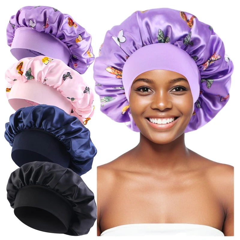 4 TEILE/LOS Satin Breite Krempe Floral Schlummertrunk Motorhaube Haar Wrap Nacht Schlafen Schlaf Kappe Elastische Weiche Band Haarpflege Dusche hut – Detail 10