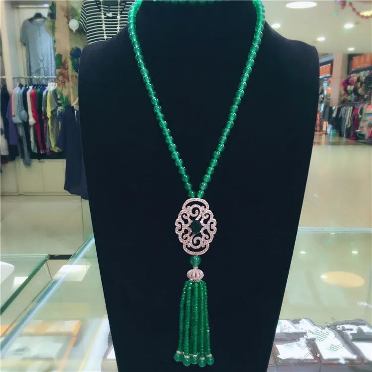 

New natural green jade micro inlay zircon clasp tassel necklace long sweater chain fashion jewelry